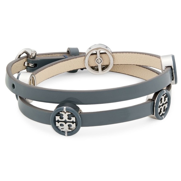 🆕 Tory Burch Authentic Miller Silver & Leather Blue Enamel Double Wrap Bracelet - Picture 5 of 12